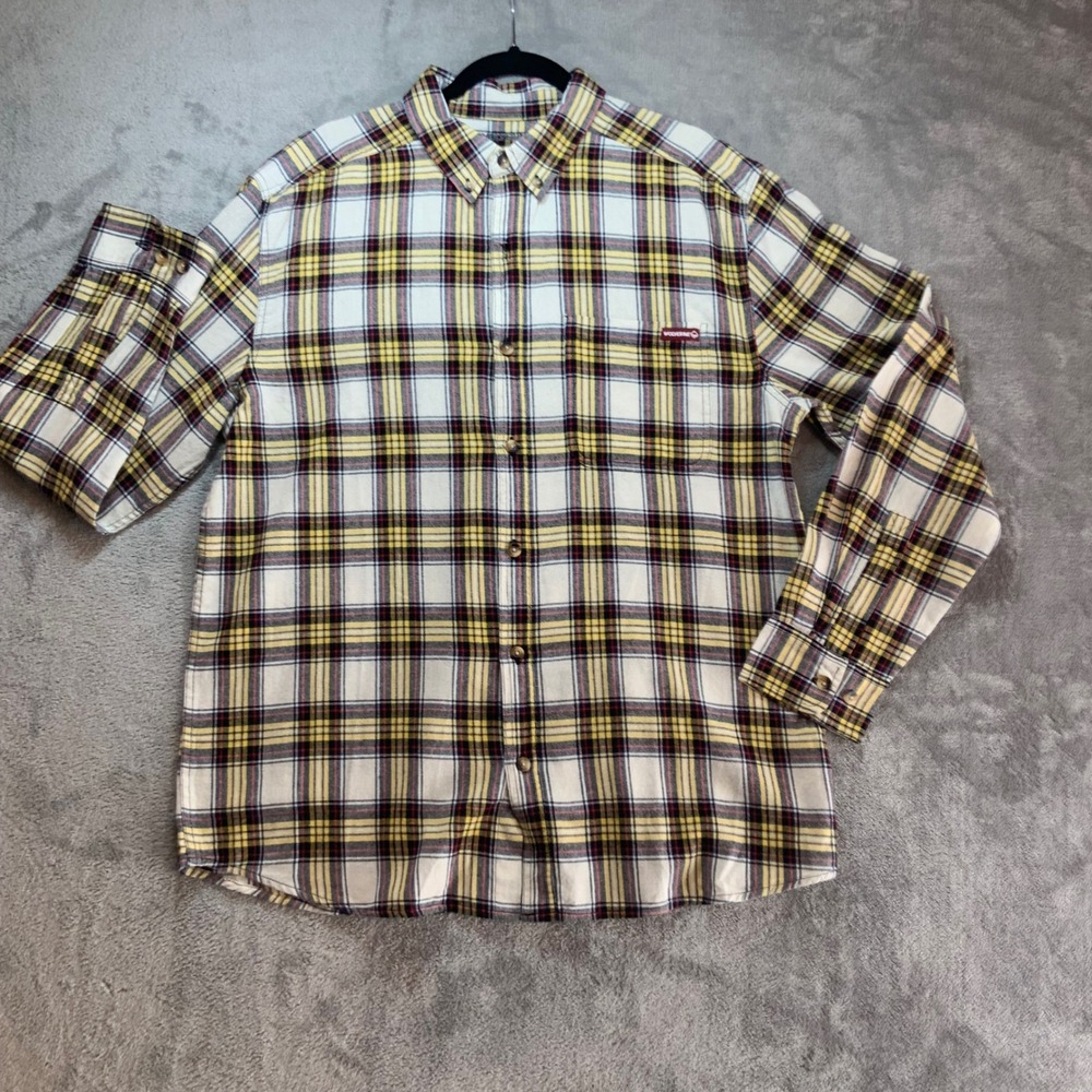 Wolverine Mens Large Plaid Flannel Shirt Long Sleeve Yellow Cream Burgundy L